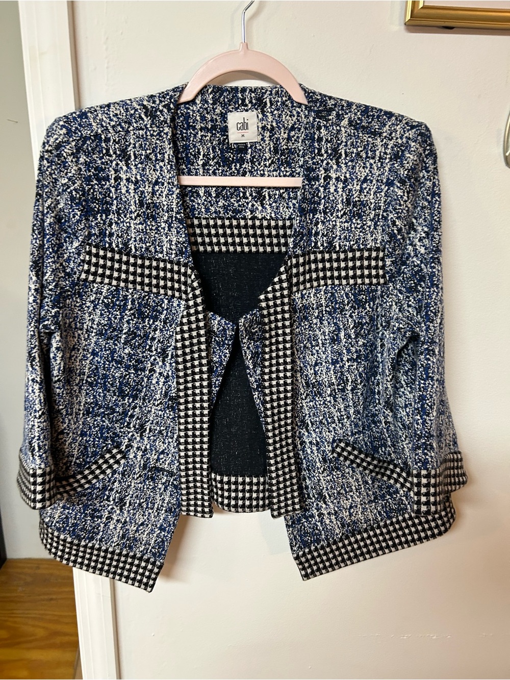 CAbi Navy and Black Tweed Collarless Blazer with Houndstooth Trim